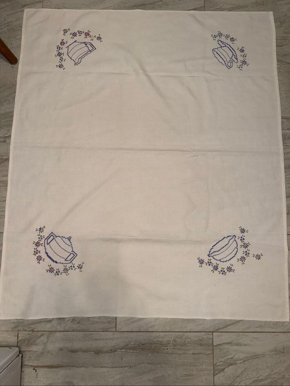 VINTAGE Hand Embroidered Tea Set Tablecloth- 36” x 44”